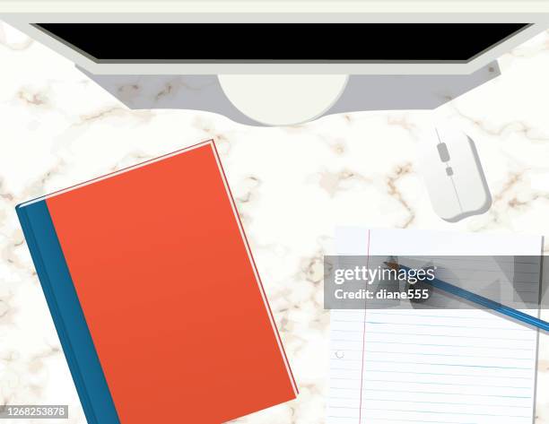 student desk - home schooling - school desk from above stock illustrations