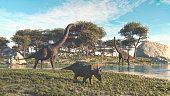 Brachiosaurus and triceratops in the valley at the lake . This is a 3d render illustration .