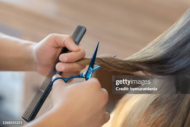hairdresser trimming brown hair with scissors - cutting long hair stock pictures, royalty-free photos & images