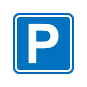Blue square parking sign with a white capital letter P