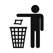 Recycle symbol, Stick man throwing trash into garbage can
