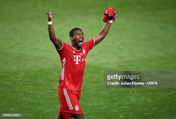 David Alaba of FC Bayern Munich celebrates following his team's victory in the UEFA Champions League Final match between Paris Saint-Germain and...