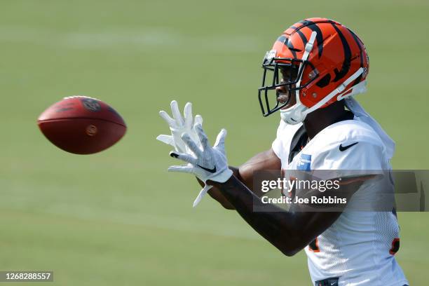 John Ross III of the Cincinnati Bengals in action during training camp workouts at the practice field outside Paul Brown Stadium on August 24, 2020...