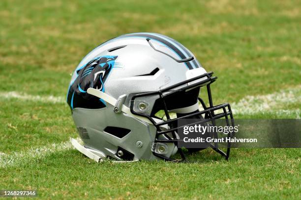 Detail photo of a Carolina Panthers helmet during a training camp session at Bank of America Stadium on August 24, 2020 in Charlotte, North Carolina.