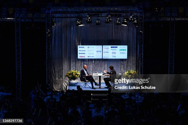 Politician Friedrich Merz speaks at the "Staendehaus Treff" dinner at the Merkur Spiel-Arena on August 24, 2020 in Dusseldorf, Germany. Merz, a...