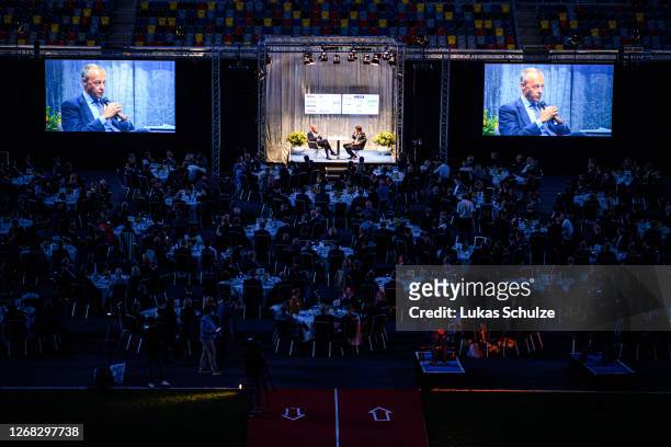 Politician Friedrich Merz speaks at the "Staendehaus Treff" dinner at the Merkur Spiel-Arena on August 24, 2020 in Dusseldorf, Germany. Merz, a...