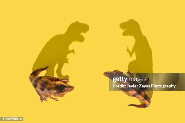 two tyrannosaurus rex fighting on yellow background - toy dinosaur fotografías e imágenes de stock