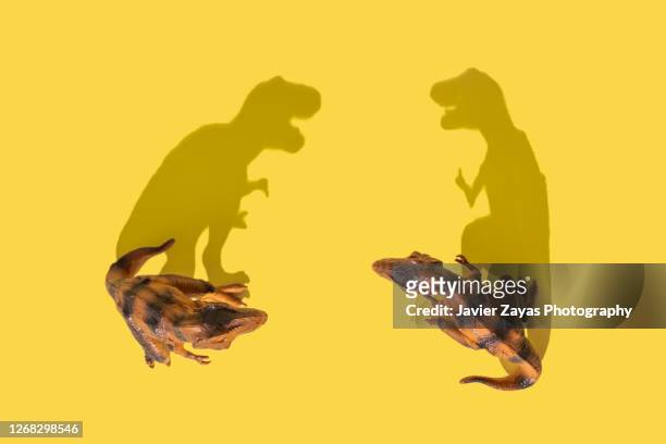 two tyrannosaurus rex fighting on yellow background - era mesozoica imagens e fotografias de stock