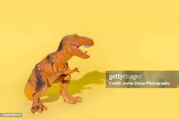 tyrannosaurus rex on yellow background - tyrannosaurus rex stock pictures, royalty-free photos & images