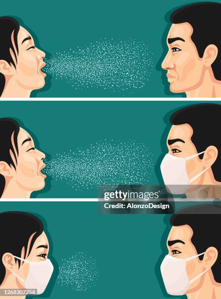 ilustraciones, imágenes clip art, dibujos animados e iconos de stock de propagación del coronavirus. efecto estornudos. - woman blowing nose