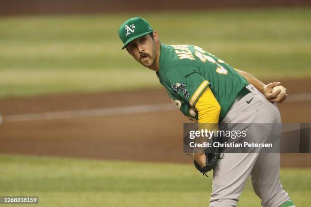 Relief pitcher Daniel Mengden of the Oakland Athletics pitches against the Arizona Diamondbacks during the MLB game at Chase Field on August 18, 2020...