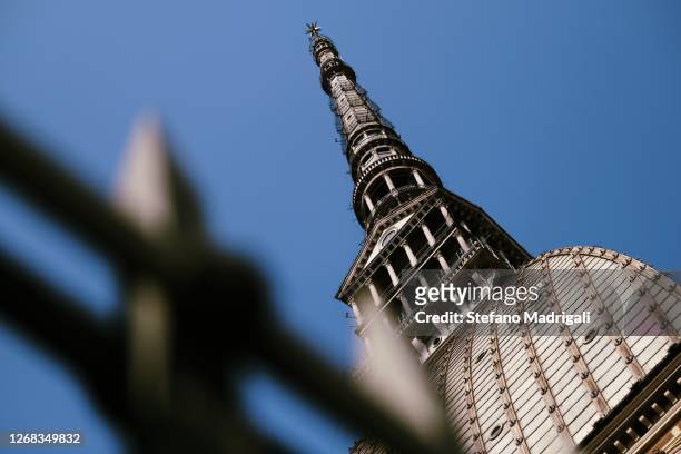 historic tower of turin, mole antonelliana view from below - turin stock pictures, royalty-free photos & images