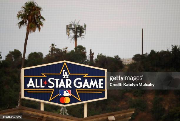 Detailed view of the All-Star Game sign during the game between the Los Angeles Dodgers and the Colorado Rockies at Dodger Stadium on August 21, 2020...
