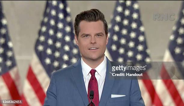 In this screenshot from the RNC’s livestream of the 2020 Republican National Convention, U.S. Rep. Matt Gaetz addresses the virtual convention on...