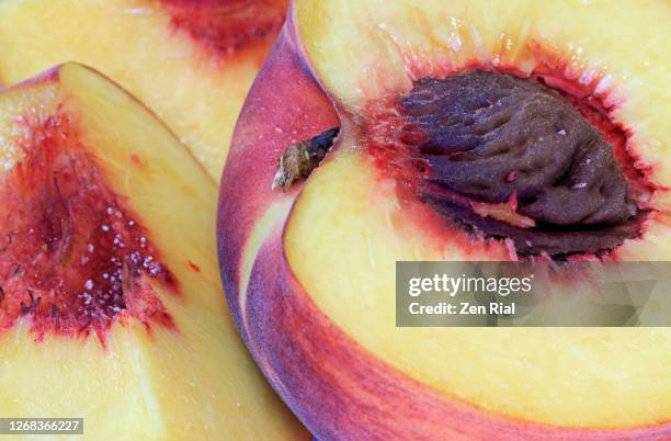 extreme close-up of peach cut in half showing fruit flesh and seed - peach tranquility stock pictures, royalty-free photos & images