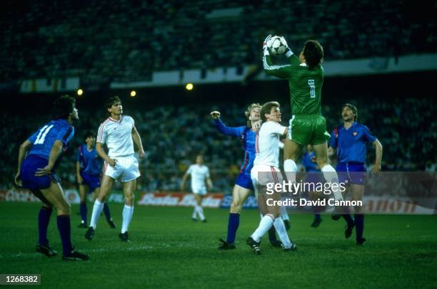 Ducadam of Steaua Bucharest saves the ball during the European Cup Final match against Barcelona at the Sanchez Pizjuan Stadium in Seville, Spain....