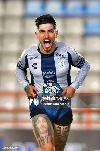 Victor Guzman of Pachuca celebrates after scoring the fourth goal of his team during the 6th round match between Pachuca and Mazatlan FC as part of...