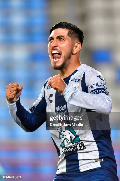 Victor Guzman of Pachuca celebrates after scoring the fourth goal of his team during the 6th round match between Pachuca and Mazatlan FC as part of...