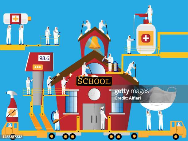 sanitizing school - elementary school building exterior stock illustrations