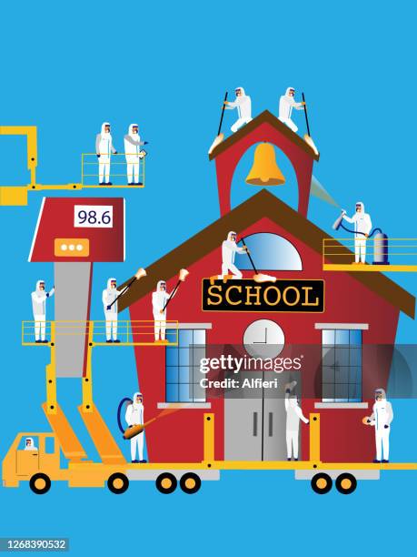 sanitizing school - elementary school building exterior stock illustrations