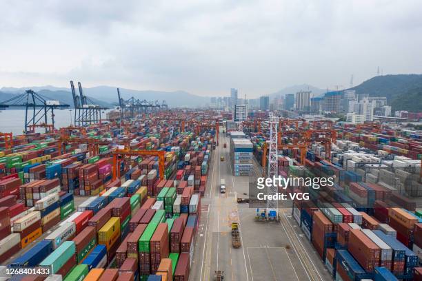 Aerial view of containers sitting stacked at the Yantian International Container Terminals on August 22, 2020 in Shenzhen, Guangdong Province of...