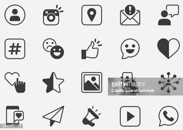 social media line icons. bearbeitbare stroke.mobile und web. enthält symboleweise like button, thumb up, selfie, photography, speaker, advertising, online messaging.pixel perfect icons - social media symbol stock-grafiken, -clipart, -cartoons und -symbole