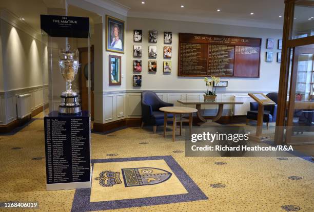 The Amateur Championship trophy sits in the clubhouse during day one of The Amateur Championship at Royal Birkdale on August 25, 2020 in Southport,...