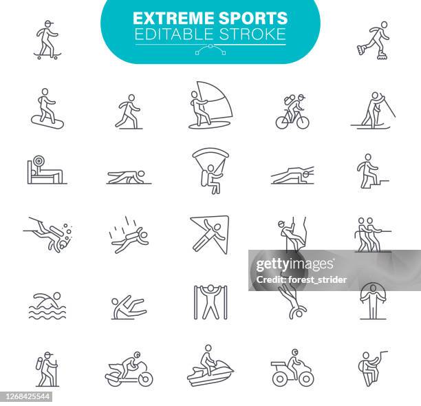 ilustraciones, imágenes clip art, dibujos animados e iconos de stock de extreme sport icons trazo editable - chute ski