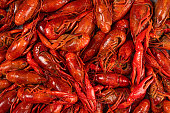 Boiled red crawfishon close up top of view