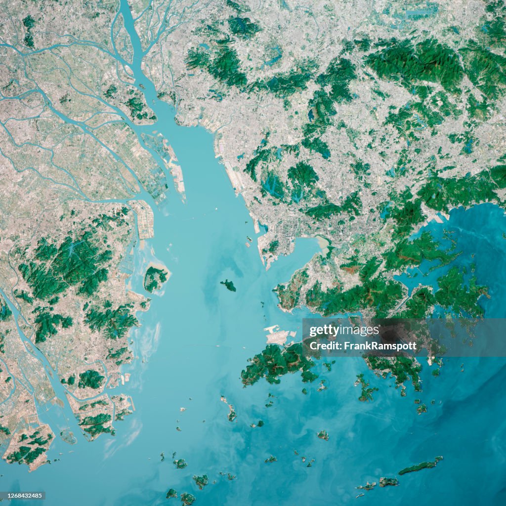 Hong Kong Macau Greater Bay Area 3D Render Aerial Top View From South Jan 2020