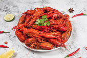 Boiled cooked red crawfish on a plate