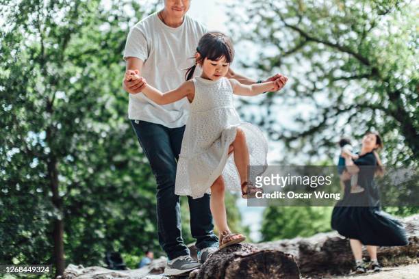 caring young asian father holding hands of his little daughter and assisting her to walk along a tree trunk outdoor on a sunny day - life events ストックフォトと画像