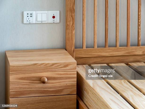 wooden bed and bedside table - bed on white background stock pictures, royalty-free photos & images