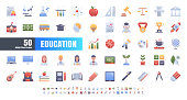 Vector of 50 Education and School Subject. Flat Gradient Color Icon Set. 64x64 and 256x256 Pixel.