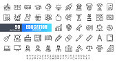 Vector of 50 Education and School Subject Line Outline Icon Set. 64x64 and 256x256 Pixel Perfect Editable Stroke.