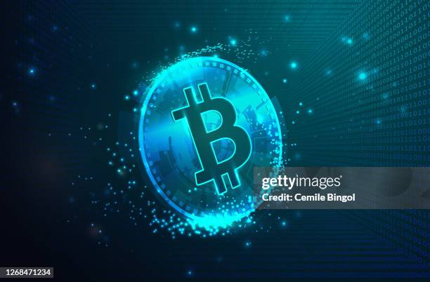 virtual symbols of the bitcoin with binary code digital background - cryptocurrency stock illustrations