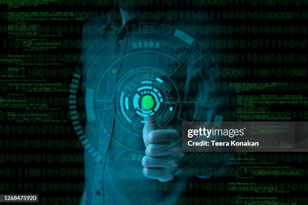 businessman fingerprint scan provides security access with biometrics identification and password control - access card stock-fotos und bilder