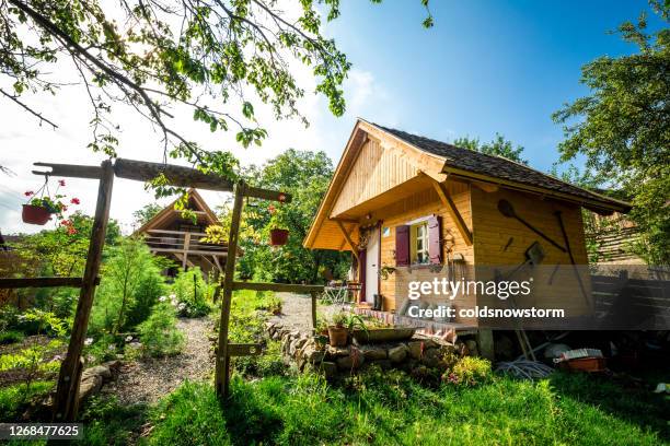 mooie bloemtuin en houten cabinehuis - shed stockfoto's en -beelden
