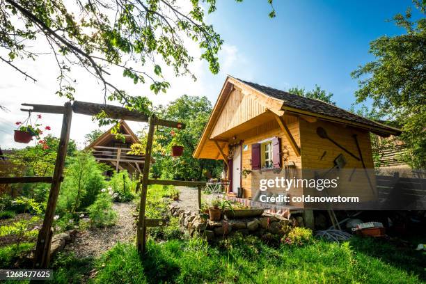 mooie bloemtuin en houten cabinehuis - garden cabin stockfoto's en -beelden