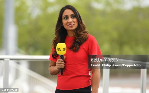 Isa Guha of the BBC looks on before play in the third Test match between England and Pakistan at the Ageas Bowl on August 25, 2020 in Southampton,...