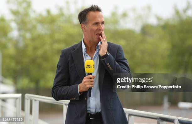Michael Vaughan of the BBC looks on before play in the third Test match between England and Pakistan at the Ageas Bowl on August 25, 2020 in...