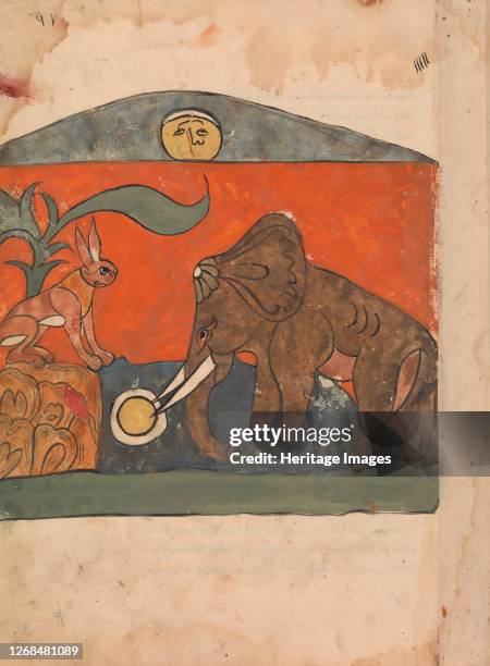 The Clever Hare with the King of the Elephants at the Spring of the Moon, Folio from a Kalila wa Dimna, 18th century. Artist Unknown.