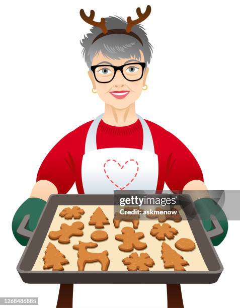 ilustraciones, imágenes clip art, dibujos animados e iconos de stock de anciana con galletas de navidad - cocinero navidad