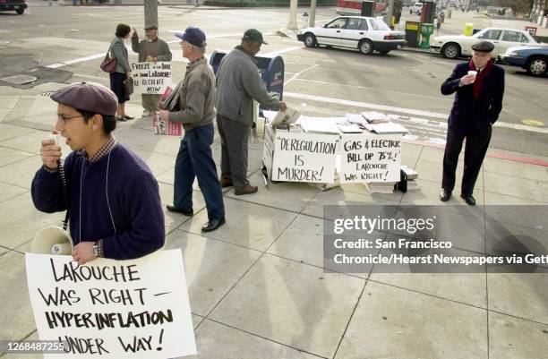 Robert Lucero protesting outside the Public Utilities Meeting in San Francisco about the energy problem. He's with Lyndon LaRouche. Photo by Craig...