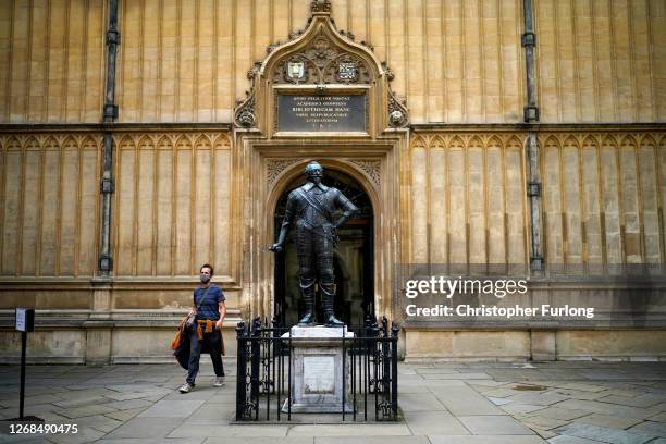 Social distancing signs greet visitors at the Bodleian Libraries on August 25, 2020 in Oxford, England. The world famous libraries closed in...