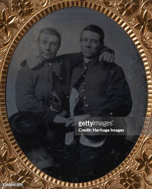Two Union Soldiers Holding Hands, Arms Around Each Other's Shoulders, 1860s. Artist Unknown.