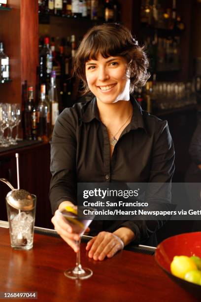 Jackie Patterson with her cocktail drink she created called "The Violet Hour" at Zinnia restaurant in San Francisco, Calif., on November 14, 2008.