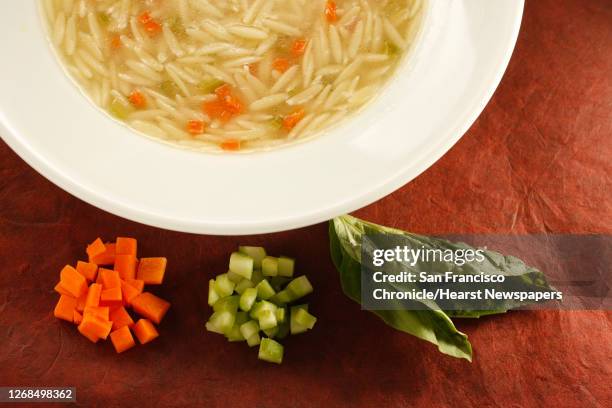 Classic Chicken Noodle soup with it's ingredients, in San Francisco, Calif., on January 21, 2009. Food styled by Cindy Lee.