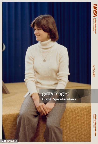 American physicist Sally Ride , one of 35 newly-announced astronaut candidates, presented to news media representatives at Johnson Space Center in...