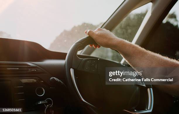 male resting his hand on a car steering wheel in warm, low sun. - driving licence stock pictures, royalty-free photos & images